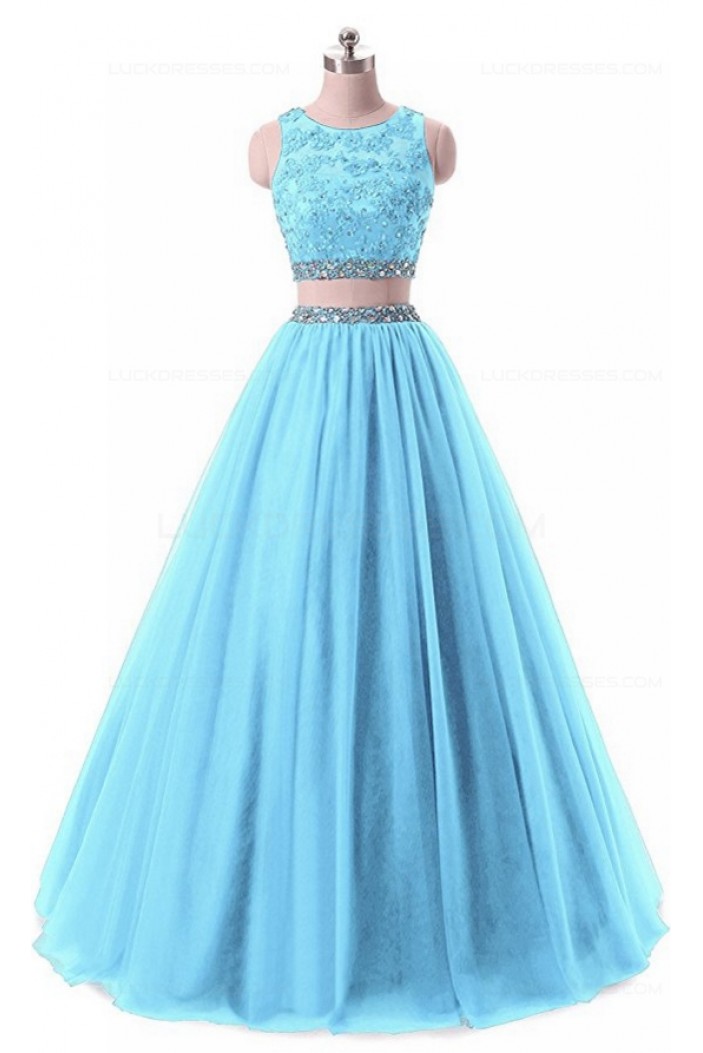 Two Pieces Beaded Lace Appliques Long Blue Prom Dresses Party Evening Gowns 3020380