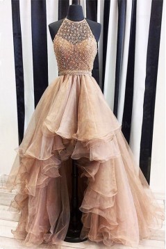 Beaded Halter High Low Prom Dresses Party Evening Gowns 3020382