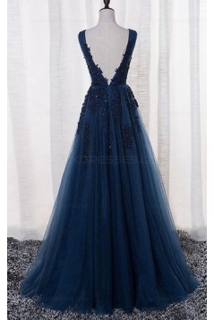 A-Line Lace Appliques Long Blue Prom Dresses Party Evening Gowns 3020383