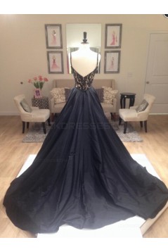 A-Line Long Black Lace V-Neck Prom Dresses Party Evening Gowns 3020384