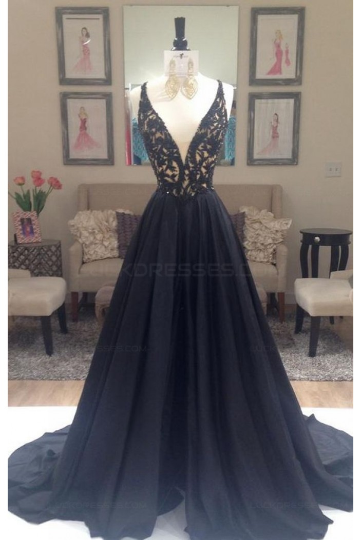 A-Line Long Black Lace V-Neck Prom Dresses Party Evening Gowns 3020384