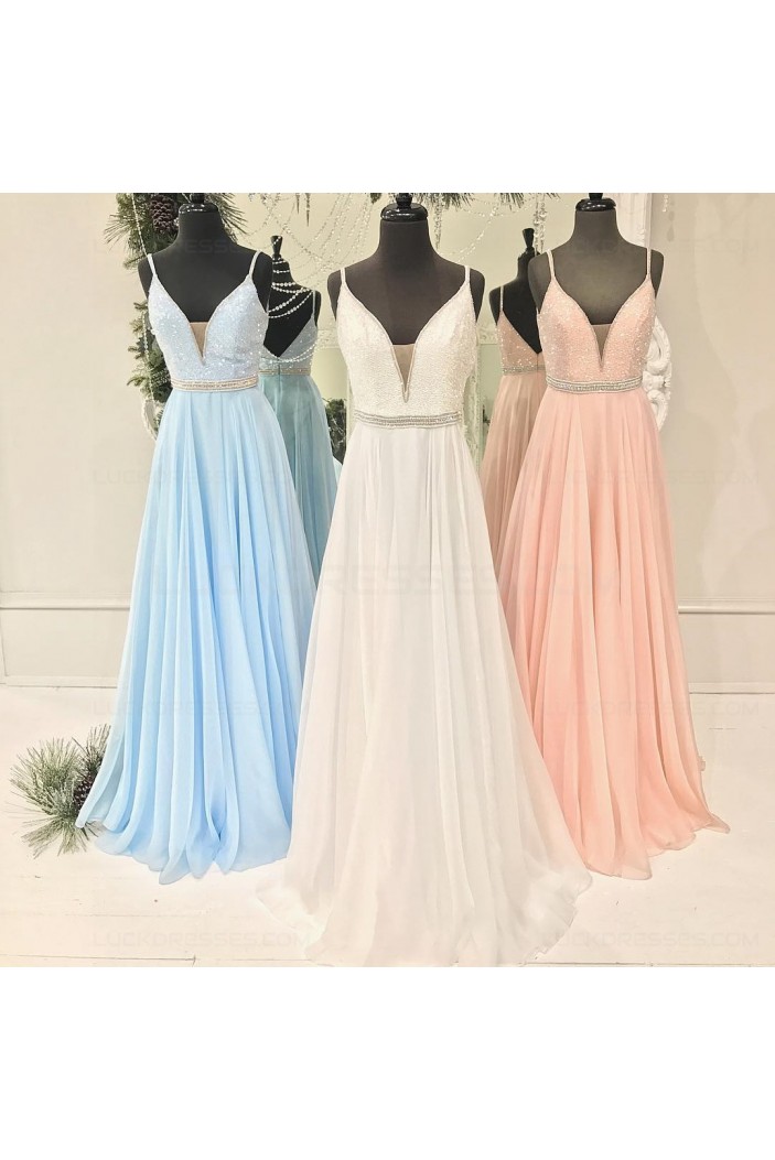 A-Line V-Neck Spaghetti Straps Long Prom Dresses Party Evening Gowns 3020389