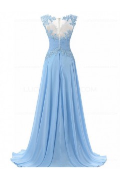 Long Blue Chiffon Illusion Bodice Lace Prom Dresses Party Evening Gowns 3020393