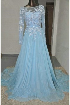 A-Line Long Sleeves Illusion Neckline Lace Beaded Prom Dresses Party Evening Gowns 3020394