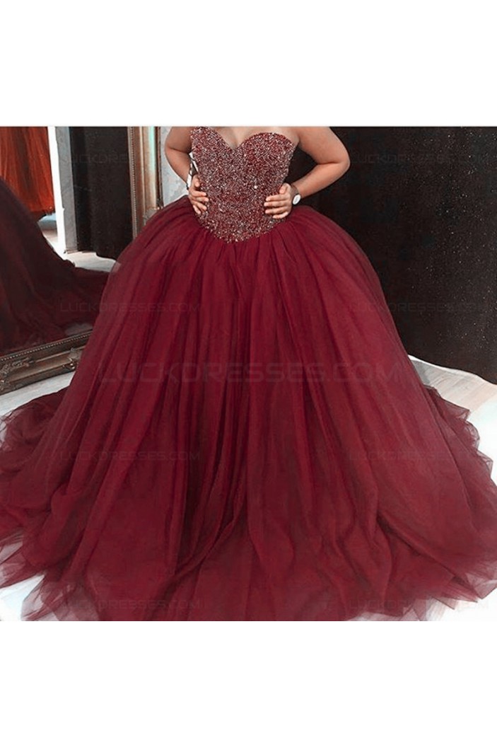 Ball Gown Sweetheart Burgundy Beaded Tulle Prom Dresses Party Evening Gowns 3020399