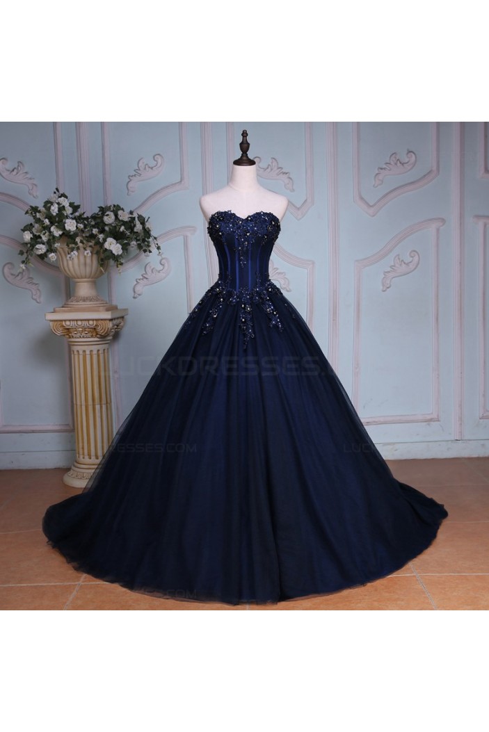 Long Blue Sweetheart Beaded Lace Prom Dresses Party Evening Gowns 3020402