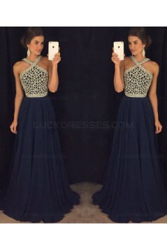 A-Line Beaded Long Navy Chiffon Prom Dresses Party Evening Gowns 3020410
