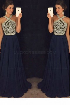 A-Line Beaded Long Navy Chiffon Prom Dresses Party Evening Gowns 3020410