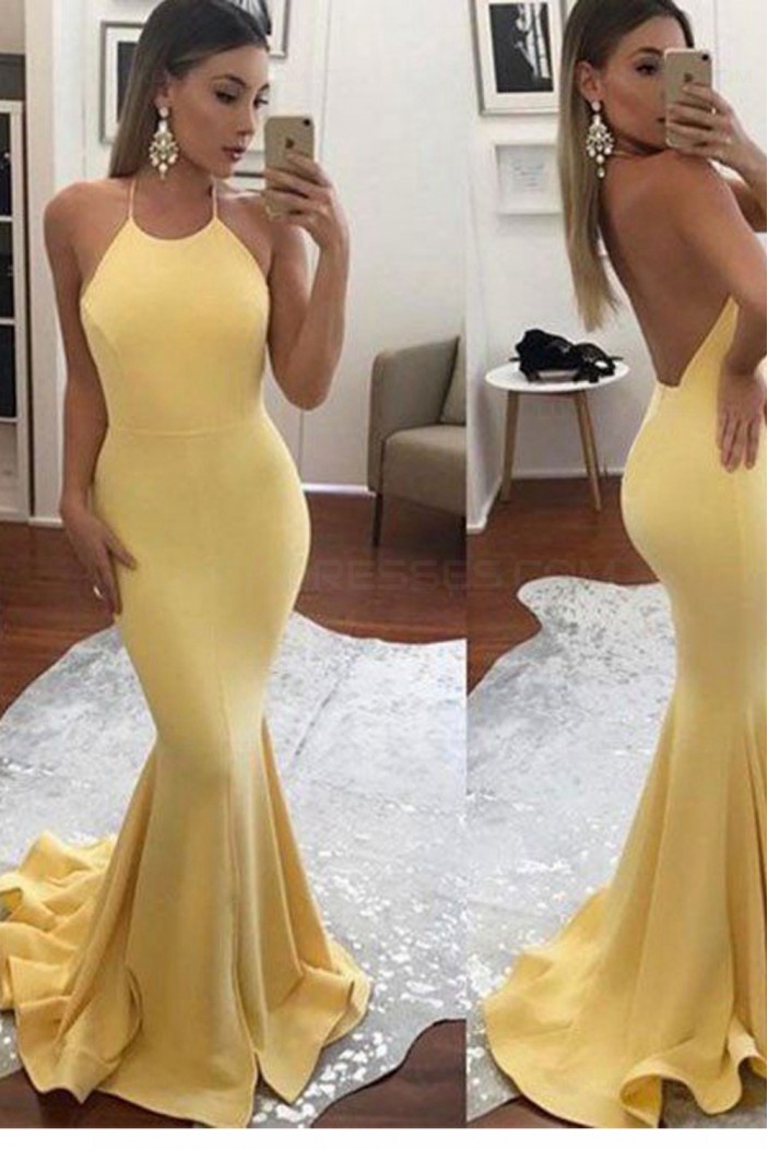 Long Yellow Halter Mermaid Prom Dresses Party Evening Gowns 3020431