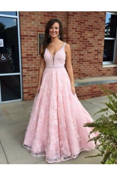 A-Line Long Pink Lace V-Neck Prom Dresses Party Evening Gowns 3020437