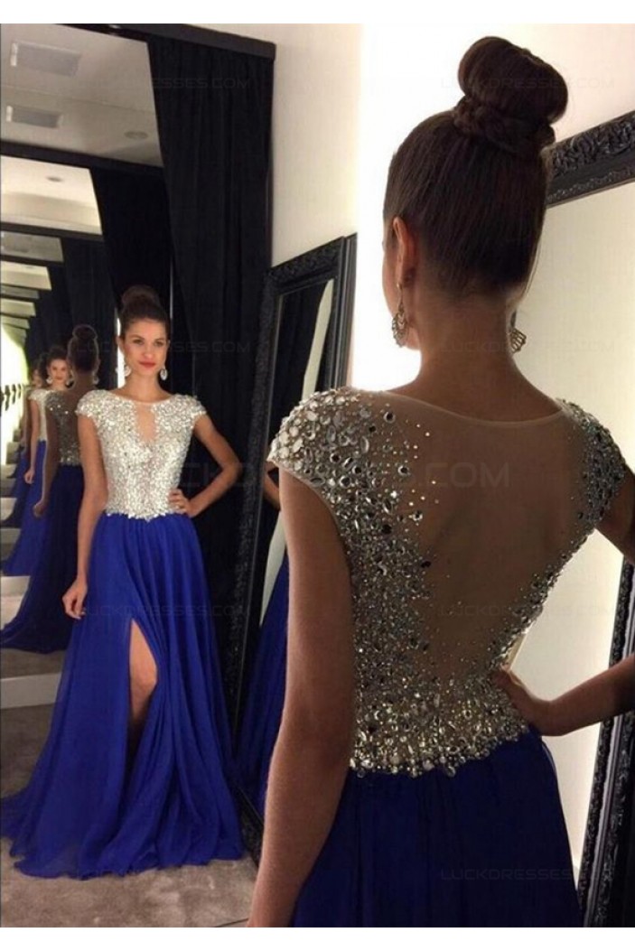 Long Blue Beaded Prom Dresses Party Evening Gowns 3020446