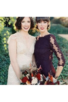 3/4 Length Sleeves Mermaid Long Purple Lace Prom Dresses Party Evening Gowns 3020464