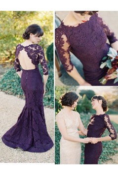 3/4 Length Sleeves Mermaid Long Purple Lace Prom Dresses Party Evening Gowns 3020464