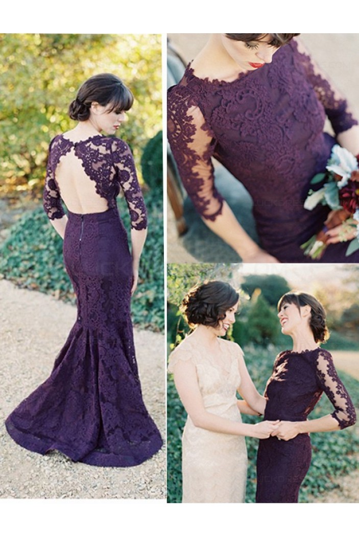 3/4 Length Sleeves Mermaid Long Purple Lace Prom Dresses Party Evening Gowns 3020464
