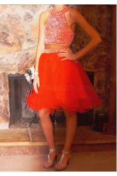 Beaded Tulle Two Pieces Short Homecoming Cocktail Prom Dresses 3020466