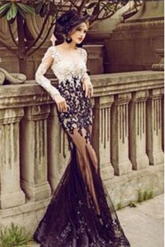Sexy Mermaid Long Sleeves Black White Lace Prom Dresses Party Evening Gowns 3020484