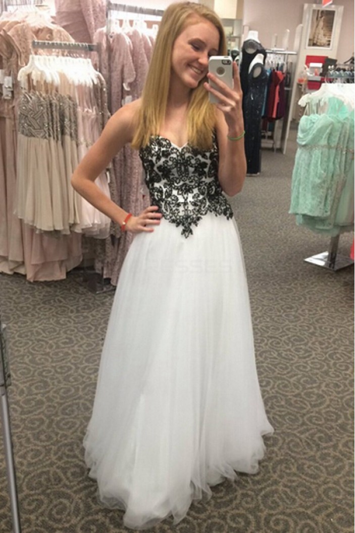 Long Black White Lace and Tulle Prom Dresses Party Evening Gowns 3020514