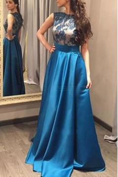 A-Line Jewel Neckline Lace Satin Long Prom Dresses Party Evening Gowns 3020520