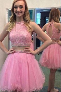 Short Pink Beaded Lace Homecoming Cocktail Prom Dresses 3020536