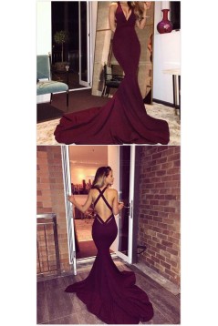 Mermaid Low V-Neck Burgundy Long Prom Dresses 3020555