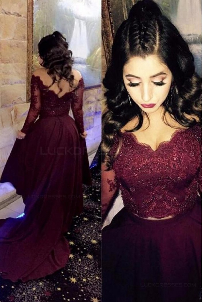 Assymetrical Two Pieces Lace Burgundy Long Evening Party Prom Dresses 3020556
