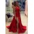 Sexy Long Red V-Neck High Slit Simple Prom Party Dresses 3020561