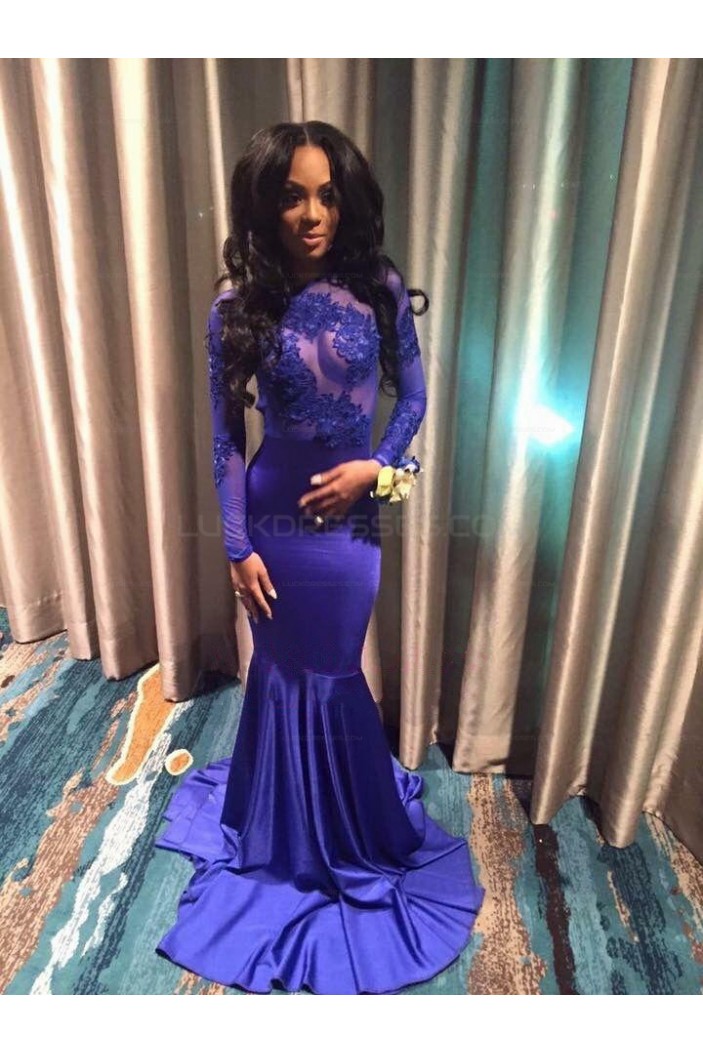 Long Blue Mermaid Lace Long Sleeves Prom Evening Dresses 3020570