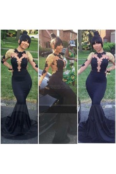 Sexy Mermaid Long Sleeves Prom Evening Dresses with Gold Lace Appliques 3020587