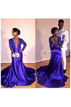 Sexy Long Blue Lace Mermaid Prom Evening Party Dresses 3020601