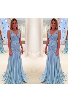 Long Blue V-Neck Lace Prom Evening Dresses 3020609