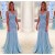 Long Blue V-Neck Lace Prom Evening Dresses 3020609