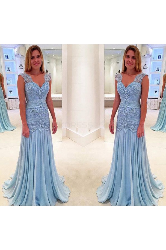Long Blue V-Neck Lace Prom Evening Dresses 3020609