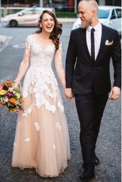 Long Sleeves V-Neck Lace Appliques Prom Evening Party Dresses 3020624