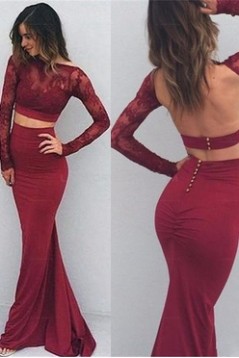 Long Sleeves Two Pieces Burgundy Prom Evening Party Dresses 3020636