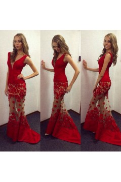 Sexy Mermaid Long Red V-Neck Lace Prom Evening Party Dresses 3020643