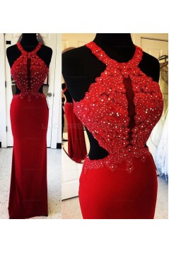 Long Red Beaded Lace Appliques Prom Evening Party Dresses 3020651