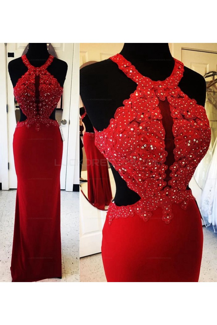 Long Red Beaded Lace Appliques Prom Evening Party Dresses 3020651