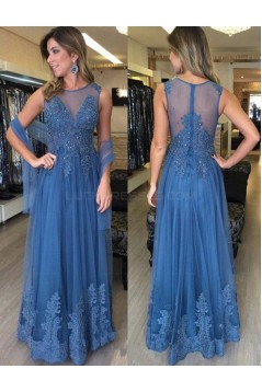 Long Blue Beaded Lace Appliques Prom Evening Party Dresses 3020662