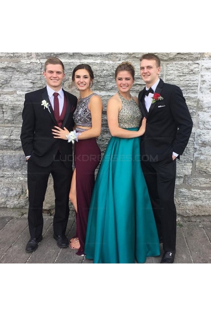 A-Line Halter Beaded Long Prom Evening Party Dresses 3020678