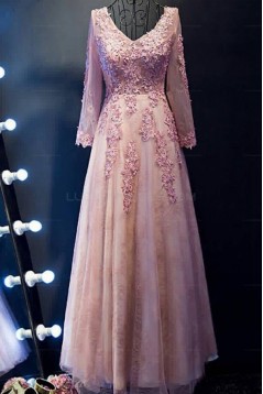 A-Line Long Sleeves V-Neck Lace Prom Evening Party Dresses 3020684