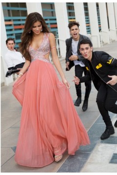 A-Line Beaded Long Chiffon Prom Evening Party Dresses 3020713