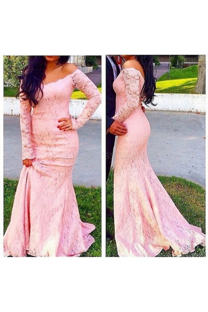 Mermaid Long Sleeves Pink Off-the-Shoulder Lace Prom Evening Party Dresses 3020716