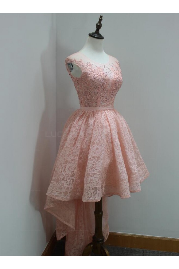 High Low Short Pink Beaded Lace Prom Homecoming Graduation Party Dresses 3020719