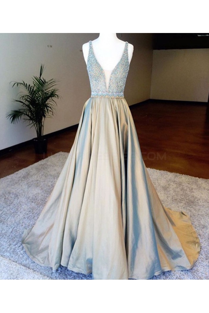A-Line Beaded V-Neck Long Prom Dresses Party Evening Gowns 3020753