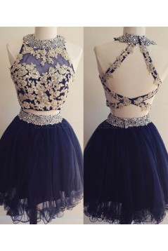 Short Two Pieces Navy Blue Beaded Lace Appliques Prom Homecoming Graduation Dresses 3020764