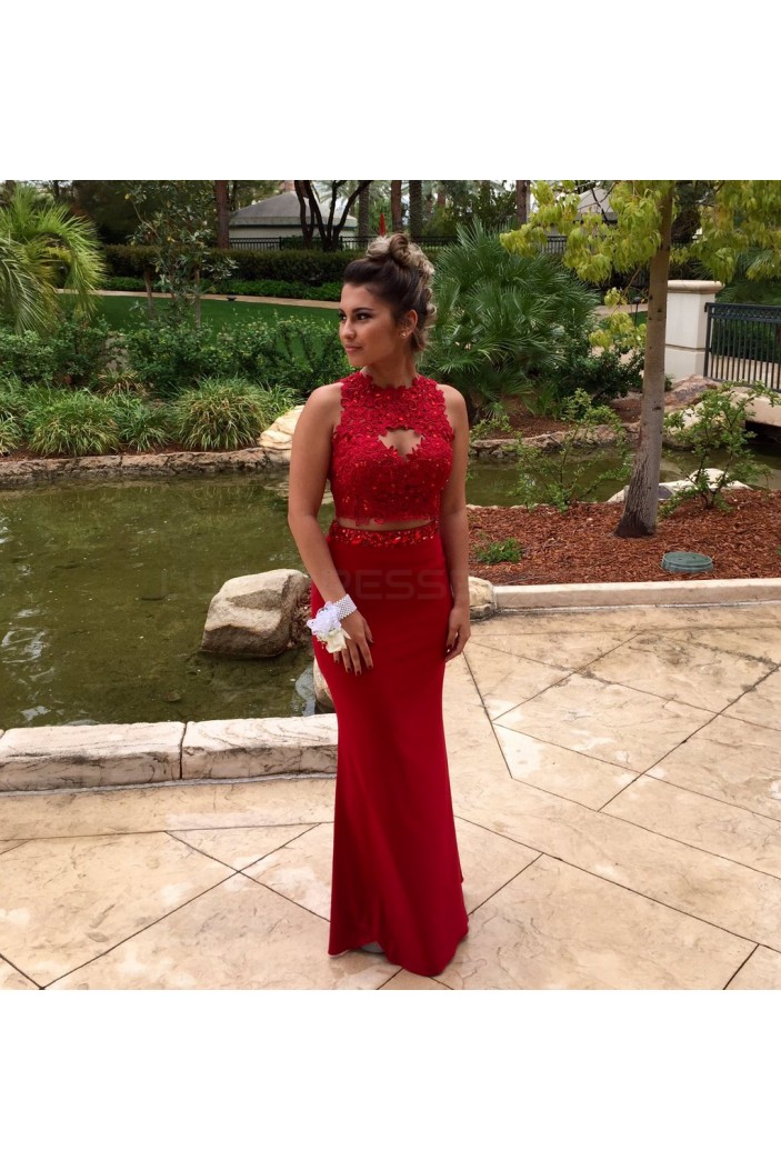 Mermaid Two Pieces Beaded Red Lace Prom Formal Evening Party Dresses 3020811