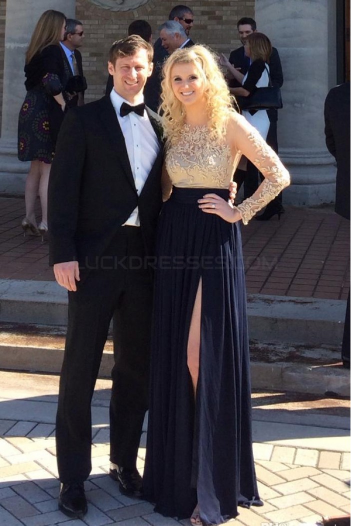 Long Sleeves Lace Chiffon Prom Formal Evening Party Dresses 3020824