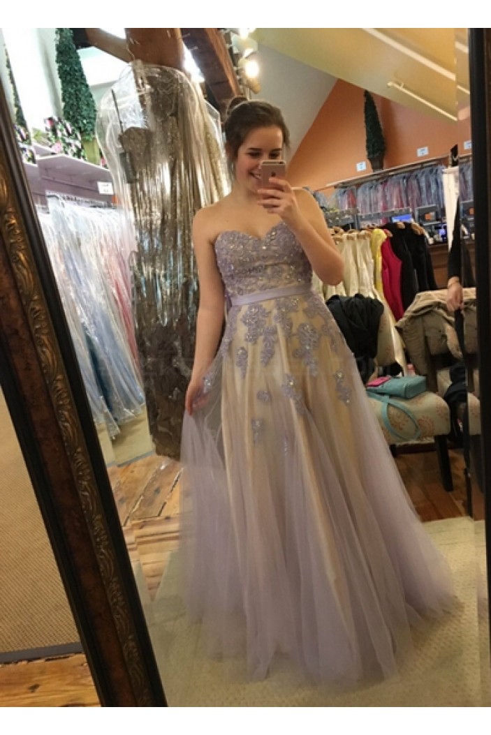 Elegant Lace Appliques Tulle Long Prom Formal Evening Party Dresses 3020832