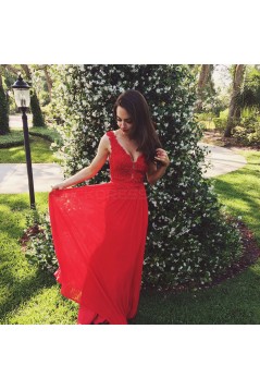 Long Red V-Neck Lace Chiffon Prom Formal Evening Party Dresses 3020844