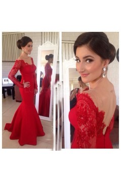 Mermaid Long Red Lace Long Sleeves Prom Formal Evening Party Dresses 3020883